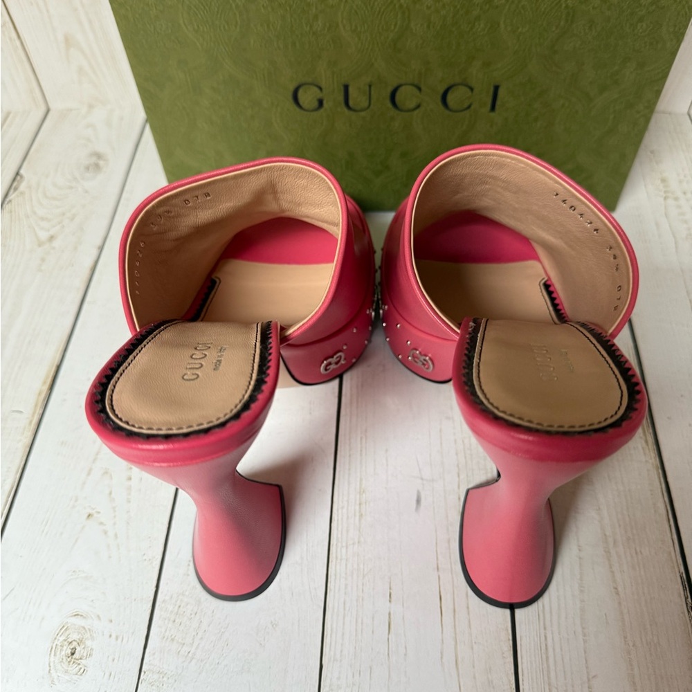 Gucci Malaga Kid Janaya Platform Leather Sandals Rhodamine Pink Sz 39.5 / 9.5 - Picture 13 of 16